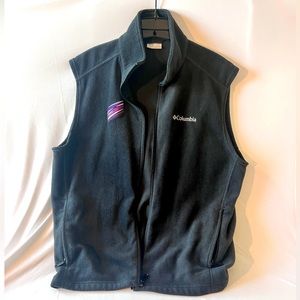 Grey Fleece Columbia Vest, Columbia logo on left, purple/pink embroidery on rt.